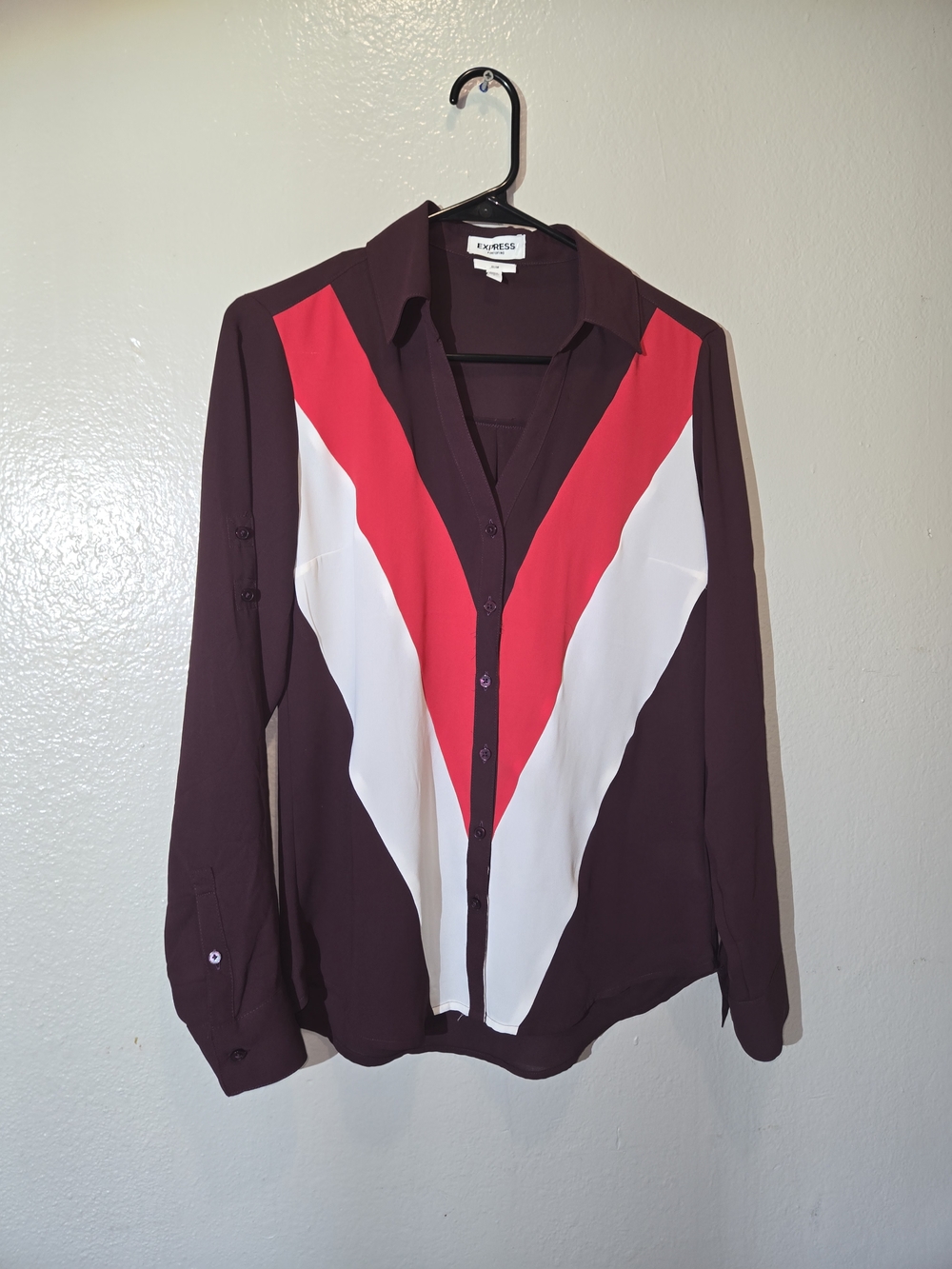 Express Portofino Slim Fit Blouse Size S - Burgundy White Red Colorblock